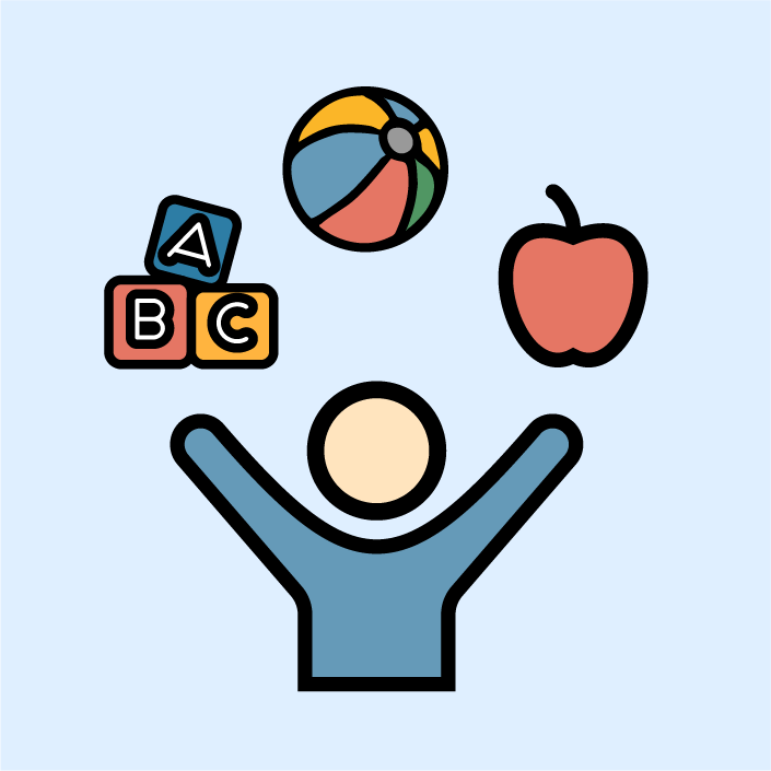 Illustration of a child figure raising arms with a ball, apple, and ABC blocks above, representing healthy habits and balanced learning through play, nutrition, and education.